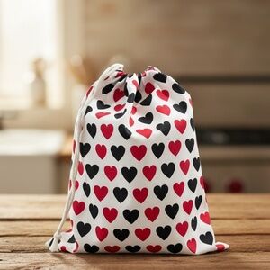Valentine Red & Black Heart Cotton Bread Bag, Handmade Reusable Bread Storage
